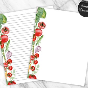 Veggie Watercolor Printable Stationary Paper, Vegetable Recipe Paper Aesthetic Downloadable Journaling Paper DIY Cute Recipe Journal PDF