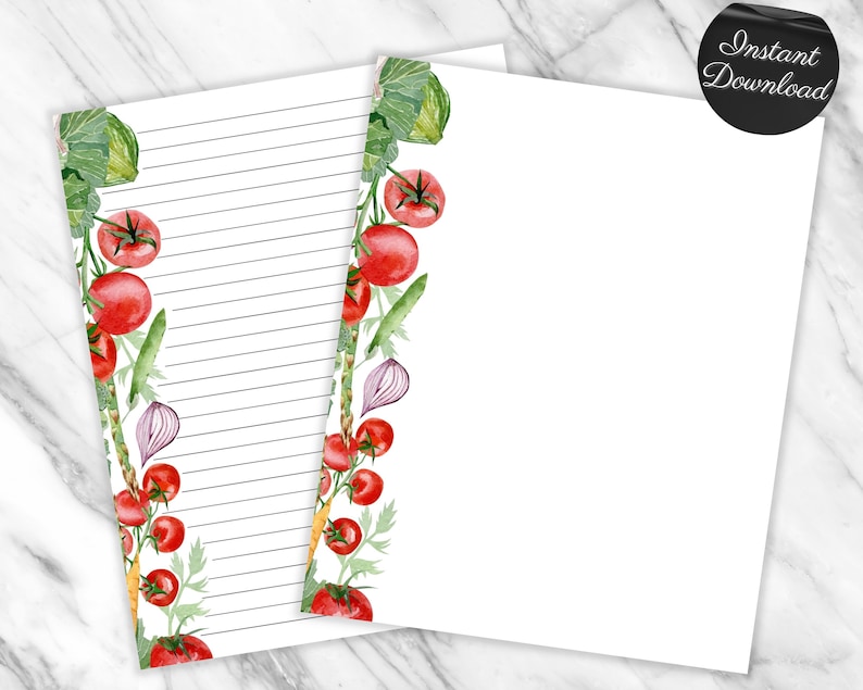 May include: Printable lined paper with a watercolor border of tomatoes, onions, and green leafy vegetables. The paper is white with black lines.