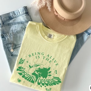 May include: A yellow t-shirt with a green graphic that says "Being alive is the special occasion". The graphic features a globe with butterflies and stars around it.