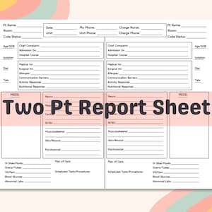 Two Patient Nursing Report Sheet, Med Surg Tele RN LPN Bedside Shift Report Sheet Printable, Nursing Student Nurse Day Shift Night Shift