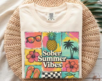 Sober Summer Vibes Graphic Tee, Colorful Retro-Inspired Sobriety Shirt, Bold Beach Vacation Shirt, Pineapple Flip Flops Lemon Recovery Shirt