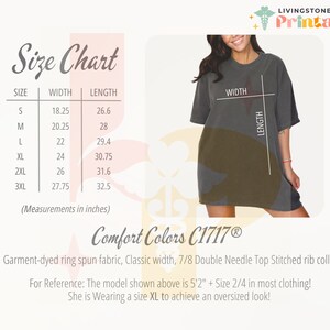 May include: Size chart for a t-shirt with measurements in inches. The chart shows the width and length of the shirt in sizes S, M, L, XL, 2XL, and 3XL. The text "Comfort Colors C1717&reg;" is also visible.