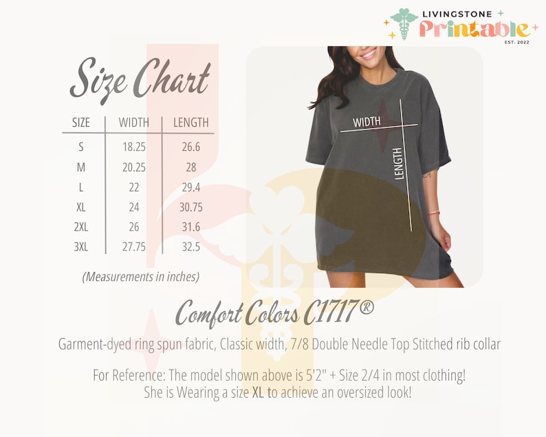May include: Size chart for a t-shirt with measurements in inches. The chart shows the width and length of the shirt in sizes S, M, L, XL, 2XL, and 3XL. The text "Comfort Colors C1717&reg;" is also visible.