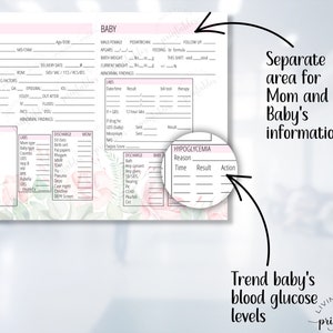 May include: A printable chart for tracking a new baby's vital signs, including weight, feeding, and blood glucose levels. The chart has a pink and green floral design and includes sections for both mum and baby's information.