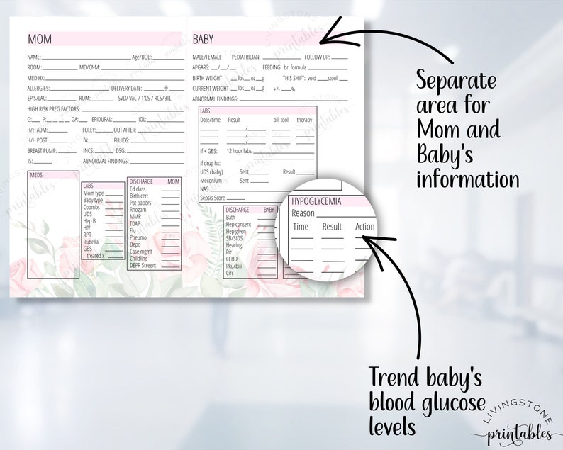 May include: A printable chart for tracking a new baby's vital signs, including weight, feeding, and blood glucose levels. The chart has a pink and green floral design and includes sections for both mum and baby's information.