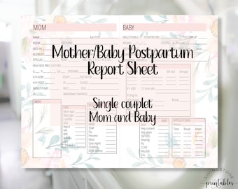 May include: A printable postpartum report sheet for a mother and baby. The sheet is pink with floral designs and includes sections for mom's medical history, baby's vital signs, and feeding information. The text "Mother/Baby Postpartum Report Sheet" is in a large font at the top of the page.