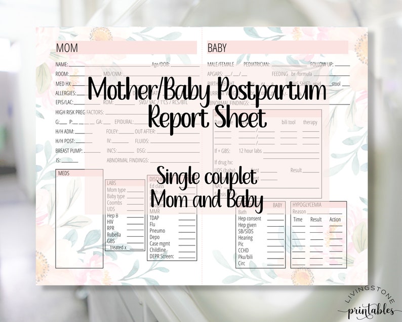Mother Baby Nursing Report Sheet Printable Couplet Mom Baby | Etsy