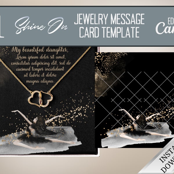 ShineOn Message Card Template Black and Gold Glitter Dancing Ballerina, Editable Message Card Template For POD Jewelry Sellers Necklace Card