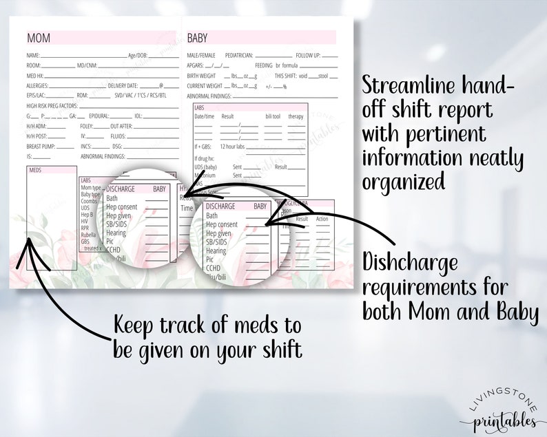 May include: Printable form for tracking mother and baby information after delivery. The form includes sections for medications, discharge instructions, and vital signs. The form is decorated with a floral design.