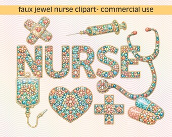Faux Jewel Nurse Clipart Bundle, Preppy Nurse PNG Commercial Use Stethoscope Faux Pearl Medical Supplies SVG Medical Wallart Printable Jpg