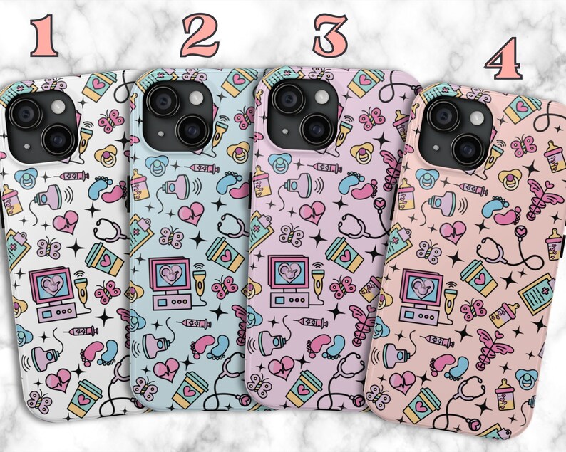 May include: Four different phone cases with a baby-themed pattern. The cases are white, light blue, pink, and light pink. The pattern includes butterflies, hearts, baby bottles, pacifiers, and stethoscopes.