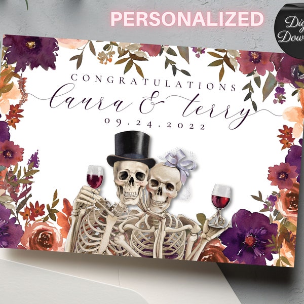 Personalized Skeleton Floral Congratulations On Your Wedding Card, Skeleton Couple Bride and Groom Congrats On Your Marriage Printable Card