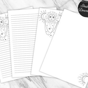 Celestial Sun Moon Printable Stationary Paper- Digital Download Magic Sun Crescent Moon Lined and Unlined Journaling Writing Paper PDF