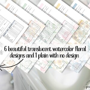 May include: Seven printable planner pages with different floral designs. One page is plain with no design. The pages are translucent and feature watercolor floral patterns in shades of blue, pink, green, and yellow.