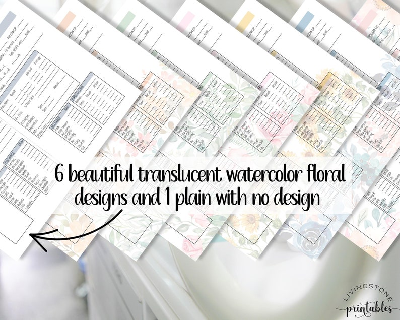 May include: Seven printable planner pages with different floral designs. One page is plain with no design. The pages are translucent and feature watercolor floral patterns in shades of blue, pink, green, and yellow.