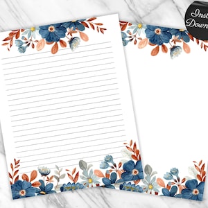 Papel estacionário para impressão de flor aquarela azul e folha de cobre Papel de escrita forrado de flores bonitas, papel de diário estético para ela