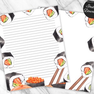 Papel estacionario imprimible con temática de sushi, lindos palillos de sushi Papel de escritura de diario estético imprimible Imprimir en casa Papel de escritura PDF
