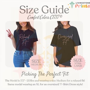 Puede incluir: Gu&iacute;a de tallas para camisetas con dos modelos que llevan camisetas negras. El modelo de la izquierda lleva una camiseta de talla mediana con el texto "Relaxed Fit" y el modelo de la derecha lleva una camiseta de talla extragrande con el texto "Oversized Fit". Tambi&eacute;n se puede ver el texto "Comfort Colors C1717&reg;".