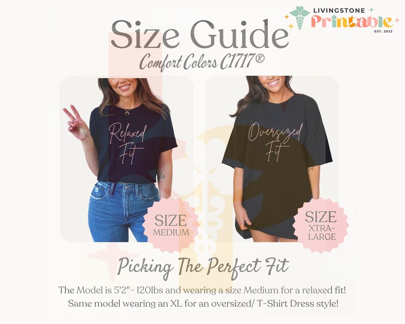 Puede incluir: Gu&iacute;a de tallas para camisetas con dos modelos que llevan camisetas negras. El modelo de la izquierda lleva una camiseta de talla mediana con el texto "Relaxed Fit" y el modelo de la derecha lleva una camiseta de talla extragrande con el texto "Oversized Fit". Tambi&eacute;n se puede ver el texto "Comfort Colors C1717&reg;".
