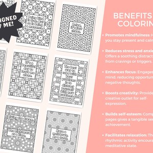 May include: A set of black and white coloring pages with geometric and floral designs, each with a different inspirational quote. A pink panel lists the benefits of coloring, such as reducing stress and enhancing focus. The text reads 'Designed by Me!'
