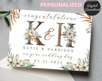 Tarjeta de boda imprimible personalizada, tarjeta de felicitación de matrimonio con monograma personalizado, tarjeta digital en PDF para descargar con la frase "Felicitaciones por tu matrimonio"
