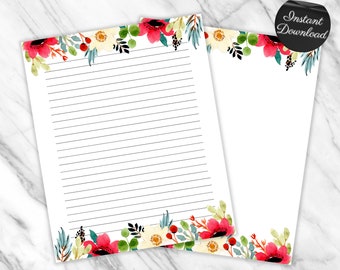 Red and White Watercolor Flowers Stationary Pages Printable Aesthetic Stationary Beautiful Watercolor Floral Design Journaling Paper For Her