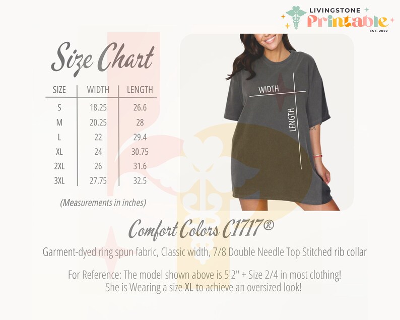 K&ouml;nnte beinhalten: Gr&ouml;&szlig;entabelle f&uuml;r ein T-Shirt mit Ma&szlig;en in Zoll. Die Tabelle zeigt die Breite und L&auml;nge des Shirts in den Gr&ouml;&szlig;en S, M, L, XL, 2XL und 3XL. Der Text "Comfort Colors C1717&reg;" ist ebenfalls sichtbar.