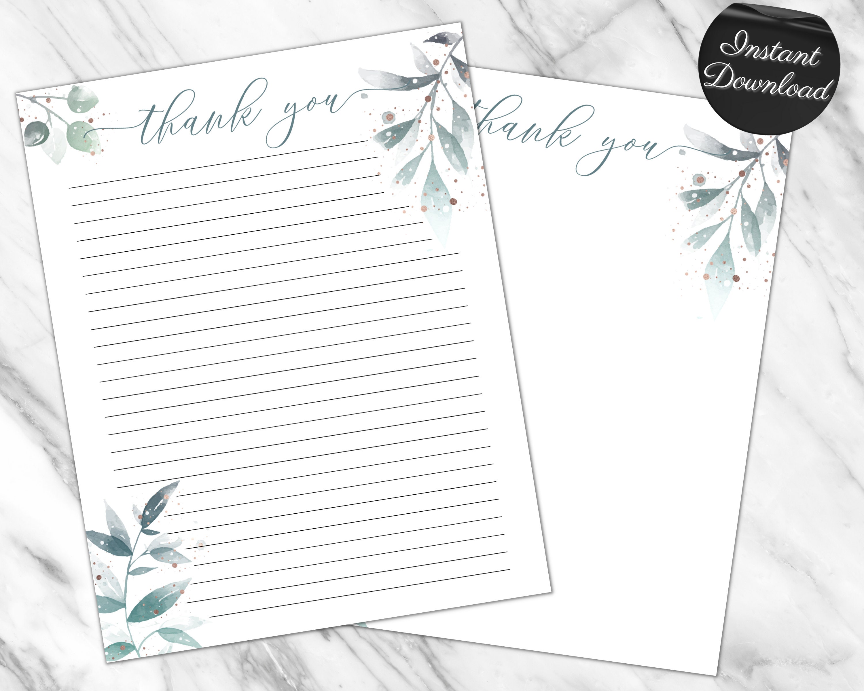 Greenery Thank You Printable Stationary Paper, Digital Download