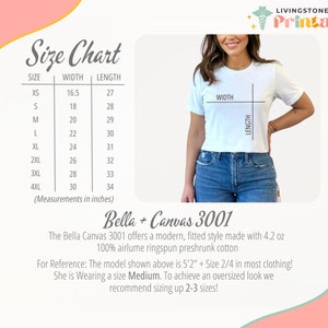 May include: Size chart for Bella + Canvas 3001 t-shirts, showing measurements in inches for sizes XS to 4XL. The chart includes width and length measurements. The Bella + Canvas 3001 is a modern, fitted style made with 4.2 oz 100% airlume ringspun preshrunk cotton.
