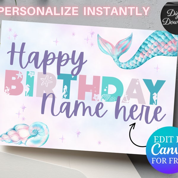 Personalized Mermaid Happy Birthday Card Template, Printable Edit In Canva Birthday Card For Girl Mermaid Party, Under The Sea Custom Card