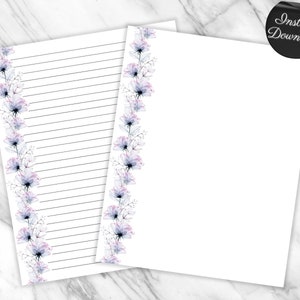 May include: Printable lined stationery paper with a border of watercolor flowers in shades of blue and pink.