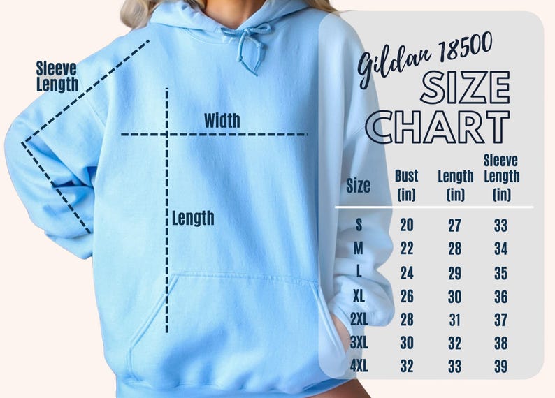 以下が含まれることがあります： 水色のパーカーとサイズチャート。 「Gildan 18500 SIZE CHART」と表示されたチャートには、Sから4XLまでのサイズのバスト、着丈、袖丈の測定値がインチで記載されています。 パーカーにはフロントポケットとドローストリングフードが付いています。