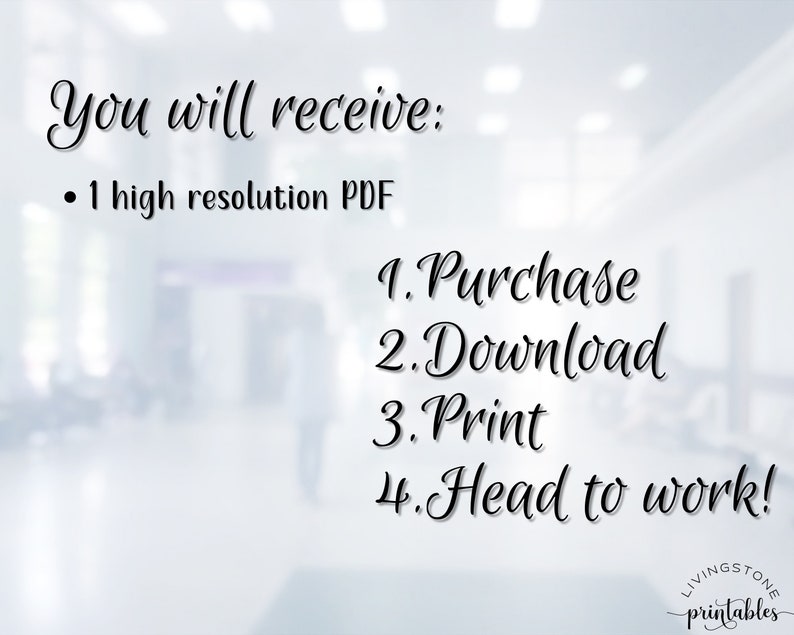May include: Text on a white background that reads "You will receive: &bull; 1 high resolution PDF 1. Purchase 2. Download 3. Print 4. Head to work!" with the text "LIVINGSTONE printables" at the bottom.
