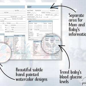 May include: A printable chart for tracking a new mother's and baby's health information. The chart has sections for mom's medications, baby's feeding, and baby's blood glucose levels. The chart has a watercolor design with blue and pink flowers.
