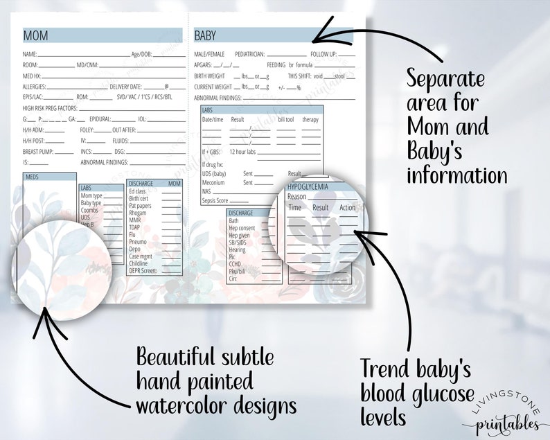 May include: A printable chart for tracking a new mother's and baby's health information. The chart has sections for mom's medications, baby's feeding, and baby's blood glucose levels. The chart has a watercolor design with blue and pink flowers.