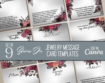 Gothic Flower ShineOn Message Cards, Dark Rose Bouquet Set Of Editable Necklace Cards, Jewelry Canva Templates, Customizable ShineOn Cards