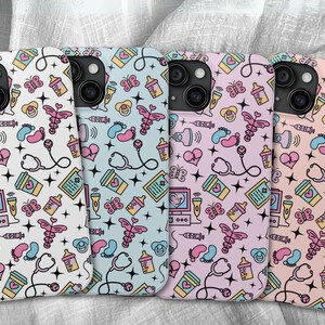 May include: Four phone cases with a cute baby-themed design. The cases are pink, blue, white, and light pink with a variety of baby-related icons, including a stethoscope, a baby bottle, a pacifier, and a footprint.
