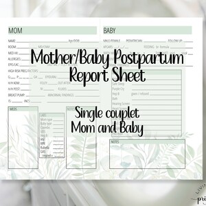 May include: A printable postpartum report sheet for both mom and baby. The sheet is designed with a green floral pattern and includes sections for medical information, labs, notes, and more.