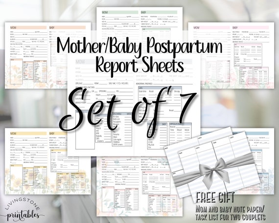 Set of Mother Baby Postpartum Nursing Report Sheets, Hand Off Shift Report Mom Baby Couplet RN LPN Nurse Report Sheets Pretty Stationary