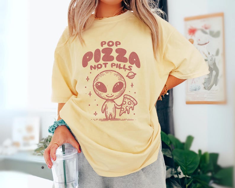 Pop Pizza Not Pills Cute Alien Shirt, Retro Sobriety Shirt, Retro UFO Shirt, Harm Reduction Shirt, Just Say No To Drugs Shirt Recovery Shirt image 2