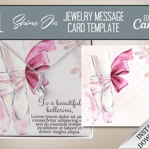 Modelo de cartão de mensagem de joias ShineOn de bailarina, pequeno colar rosa de sapatilhas de balé editável em modelo de cartão de mensagem Canva para vendedores