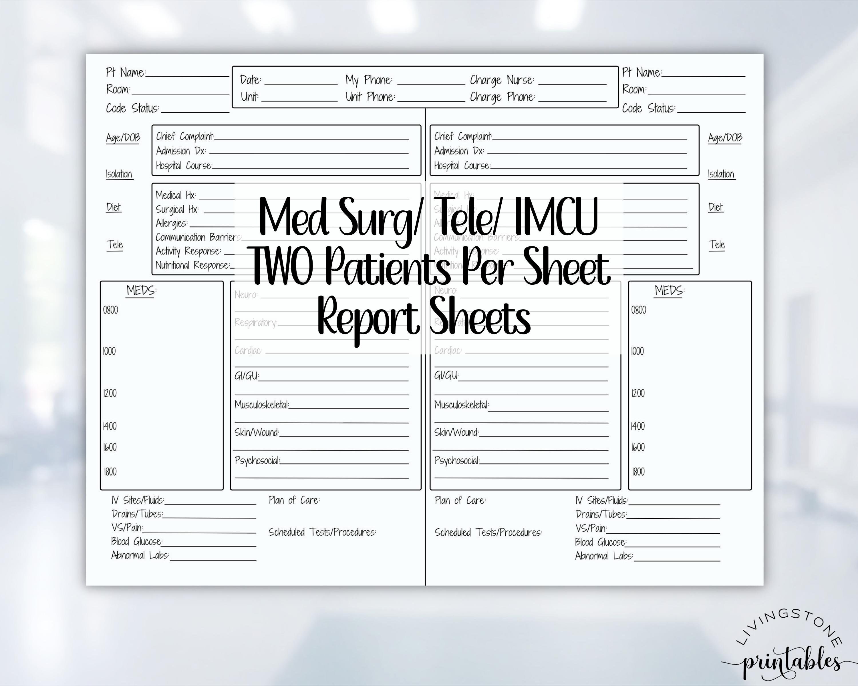 Two Patient Nursing Report Sheet Med Surg Tele RN LPN Bedside - Etsy
