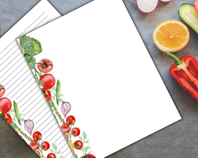 May include: Printable lined paper with a watercolor border of tomatoes, onions, and green leaves. The paper is white with gray lines.