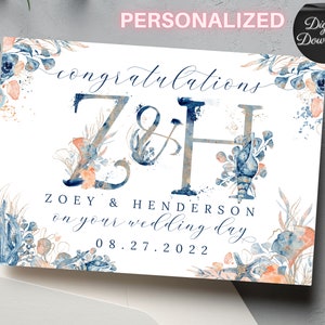 Personalized Monogram Congratulations On Your Marriage Card, Customized Underwater Ocean Themed To The Happy Couple Card, Blue Floral Card
