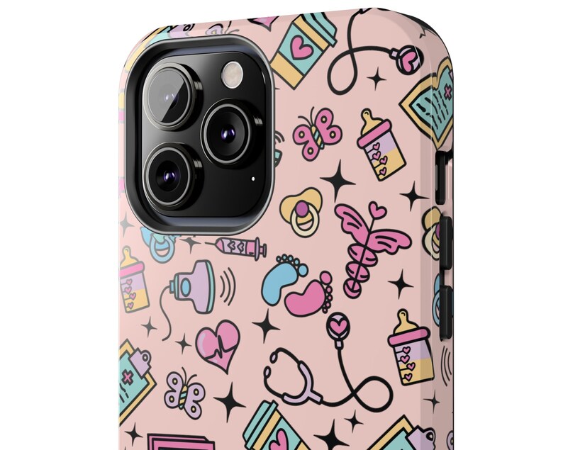 May include: A pink iPhone case with a cute baby-themed design. The case features a variety of icons, including a stethoscope, a baby bottle, a pacifier, and a footprint. The case is made of durable plastic and has a raised lip to protect the screen.