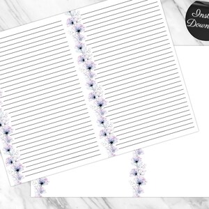 May include: White lined stationery sheets with a floral border in shades of purple and blue. The sheets have black horizontal lines for writing. A black circle with the words "Instant Download" is in the upper right corner.