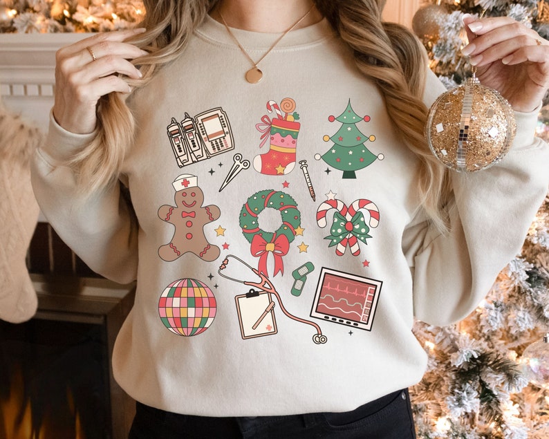 Christmas Nurse Sweatshirt, Medical Christmas Sweatshirt, ER Nurse Crewneck Sweatshirt, Telemetry Nurse Sweatshirt, Emergency Squad Sweater Sand