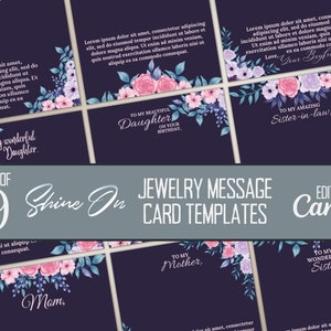 Purple and Pink Editable Floral ShineOn Jewelry Message Card Templates, ShineOn Designs For Personalizing In Canva, Canva Template Ideas