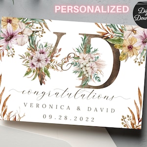 Biglietto di auguri per il matrimonio, stampabile personalizzato, biglietto di auguri per matrimonio felice con fiori dorati personalizzati last minute, biglietto da stampare 5 x 7 PDF con stampa a casa