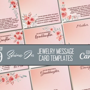 Pacote de modelo de cartão de mensagem de joias ShineOn, cartão de mensagem ShineOn floral rosa pêssego, cartões de joias personalizados, modelos editáveis de Canva